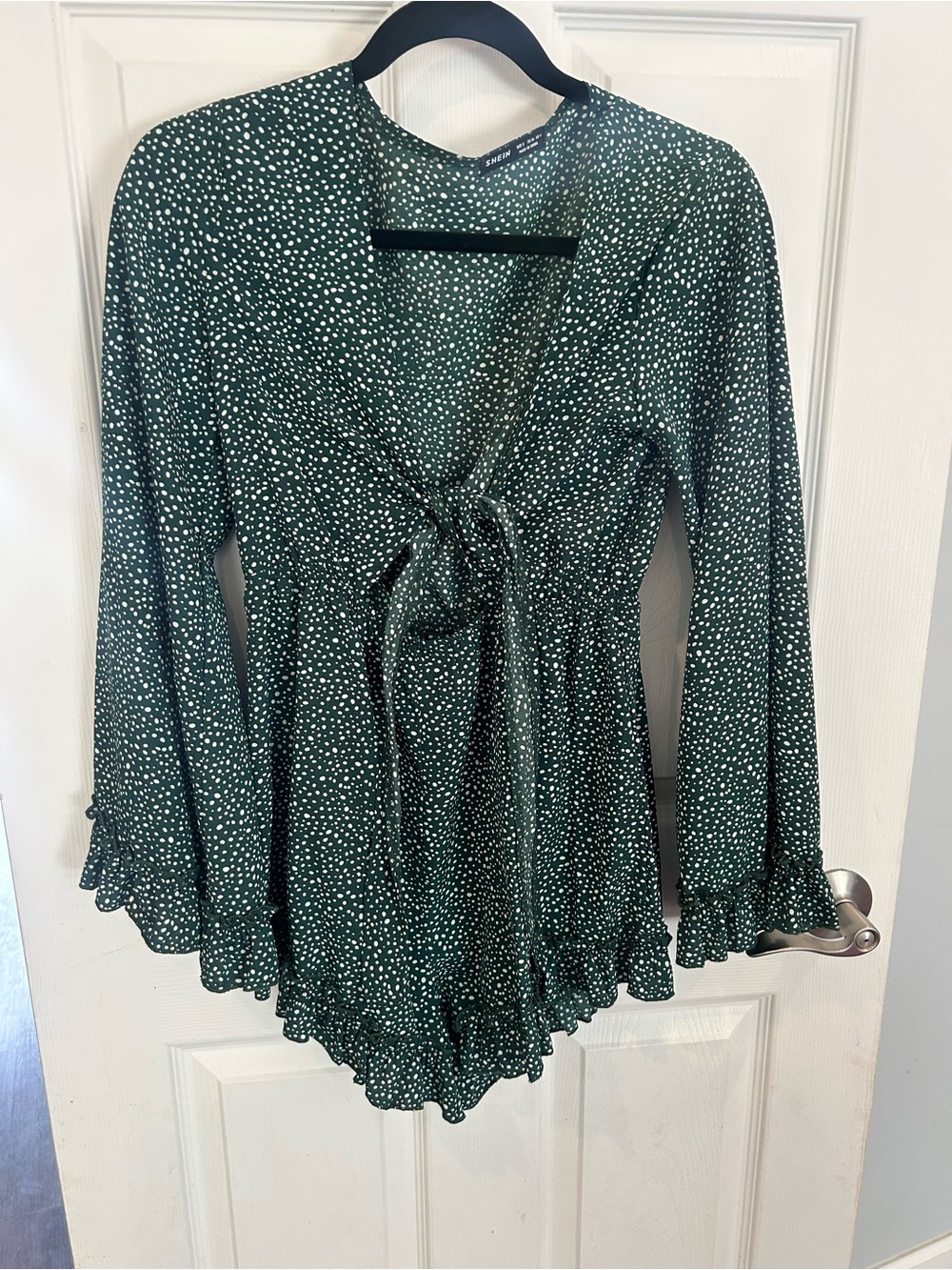 Green & white front tie & ruffle hem romper Shein size S